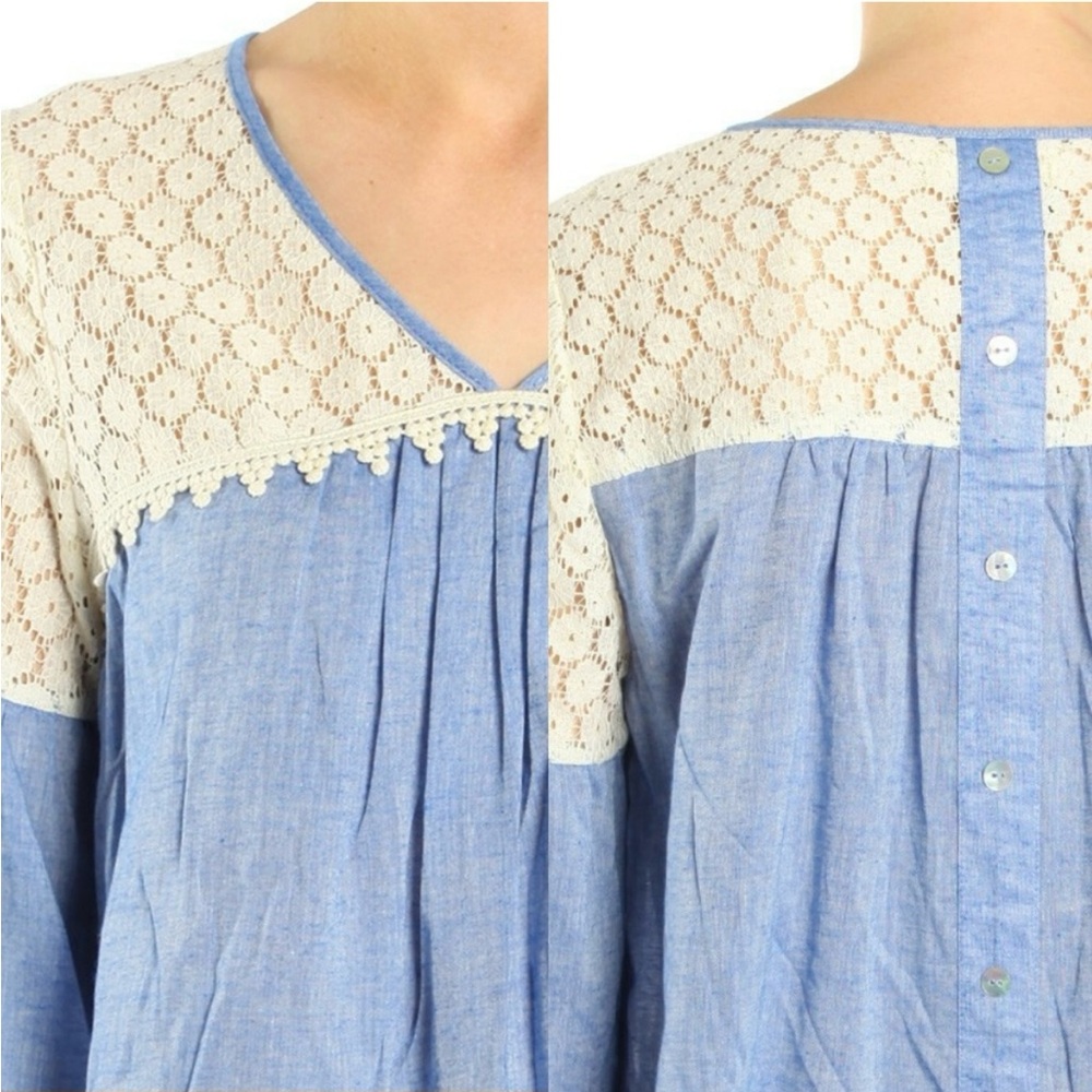 🌸NWT Women’s Handmade Chambray Lace Long Sleeve Top. Size: Large - Picture 2 of 11